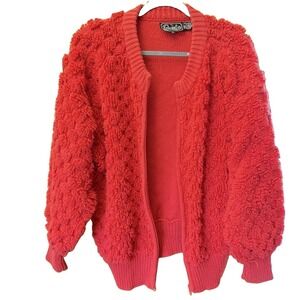 Vintage Rochelle Fashion Knitwear Cardigan Medium Red Full Zip Textured Sweater
